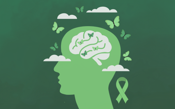 Green brain with butterflies and awareness ribbon