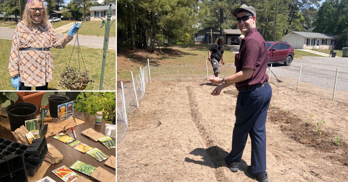 Right corner, PSR attendee Melissa Blue prepares a hanging basket for this year’s blooms; PSR attendee Matthew Billingsley plants okra for this year’s harvest; and seeds and supplies needed for this year’s project are prepared for planting.