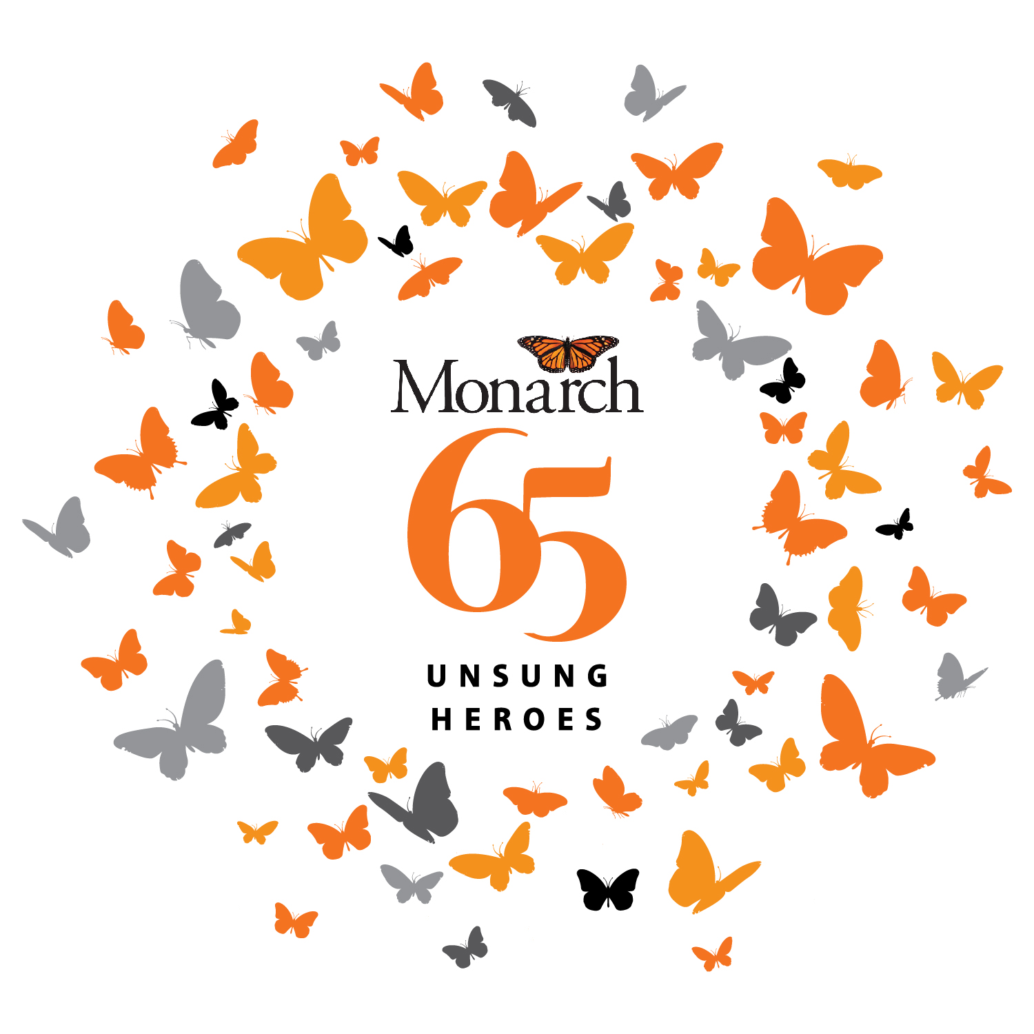 Gray and orange butterflies around a 65th Monarch anniversary logo