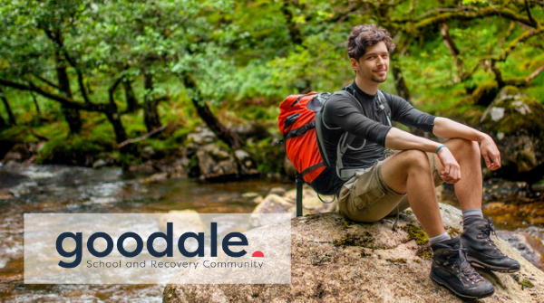 Teenage boy sitting on a rock near a creek in the woods.